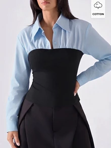 LYSMO 女款對比色翻領長袖修身休閒優雅襯衫 職場辦公黑色秋季女裝冬季女式正裝襯衫工作襯衫 - 彩色 - 查看 3