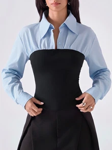 LYSMO 女款對比色翻領長袖修身休閒優雅襯衫 職場辦公黑色秋季女裝冬季女式正裝襯衫工作襯衫 - 彩色 - 查看 5