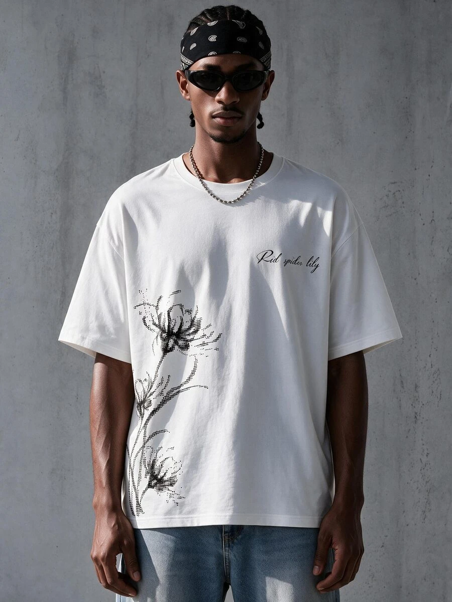 Manfinity EMRG Men's Letter & Floral Print Crew Neck Short Sleeve Casual T-Shirt - White - View 1