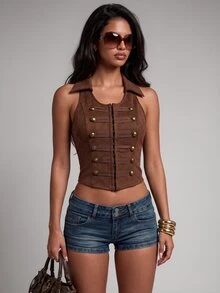 Nooralise Vintage Y2K Hot Girl Sporty Napoleon Military Style Double-Breasted Decorative Sleeveless Tank Top - Brown - View 5