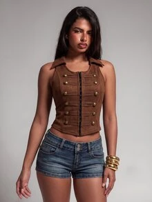 Nooralise Vintage Y2K Hot Girl Sporty Napoleon Military Style Double-Breasted Decorative Sleeveless Tank Top - Brown - View 4