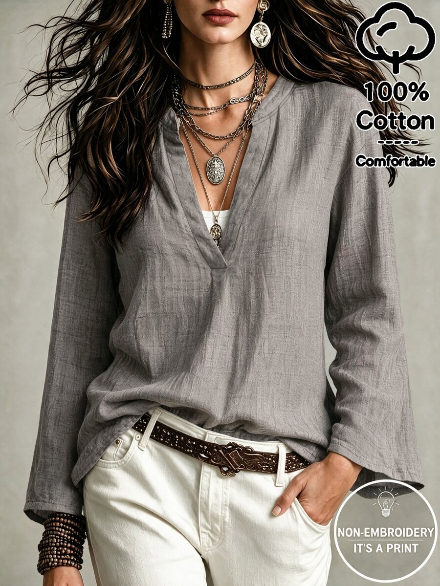 Balvessa Women's Solid Color Notched V-Neck Long Sleeve Casual Blouse - Light Grey - View 1