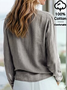 Balvessa Women's Solid Color Notched V-Neck Long Sleeve Casual Blouse - Light Grey - View 2