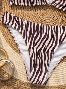 SHEIN Swim Women's Summer New 2 Pieces Set V-Neck U-Shaped Strap Patchwork Low-Waist Zebra Print Bikini Set Zebra Bathing Suit - Coffee Brown - View 5