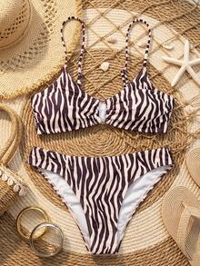 SHEIN Swim Women's Summer New 2 Pieces Set V-Neck U-Shaped Strap Patchwork Low-Waist Zebra Print Bikini Set Zebra Bathing Suit - Coffee Brown - View 4