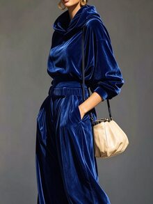 LUMIGAL Bộ áo hoodie và quần ống rộng nhung màu nâu phong cách vintage - Màu xanh lam - Xem 4