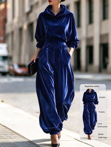 LUMIGAL Bộ áo hoodie và quần ống rộng nhung màu nâu phong cách vintage - Màu xanh lam - Xem 1