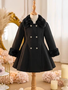 SHEIN Elladie kids 女嬰白色羊毛混紡大衣，毛絨大領口與袖口，雙排珍珠鈕扣，A字喇叭廓形，秋季派對穿著 - 黑色 - 查看 6
