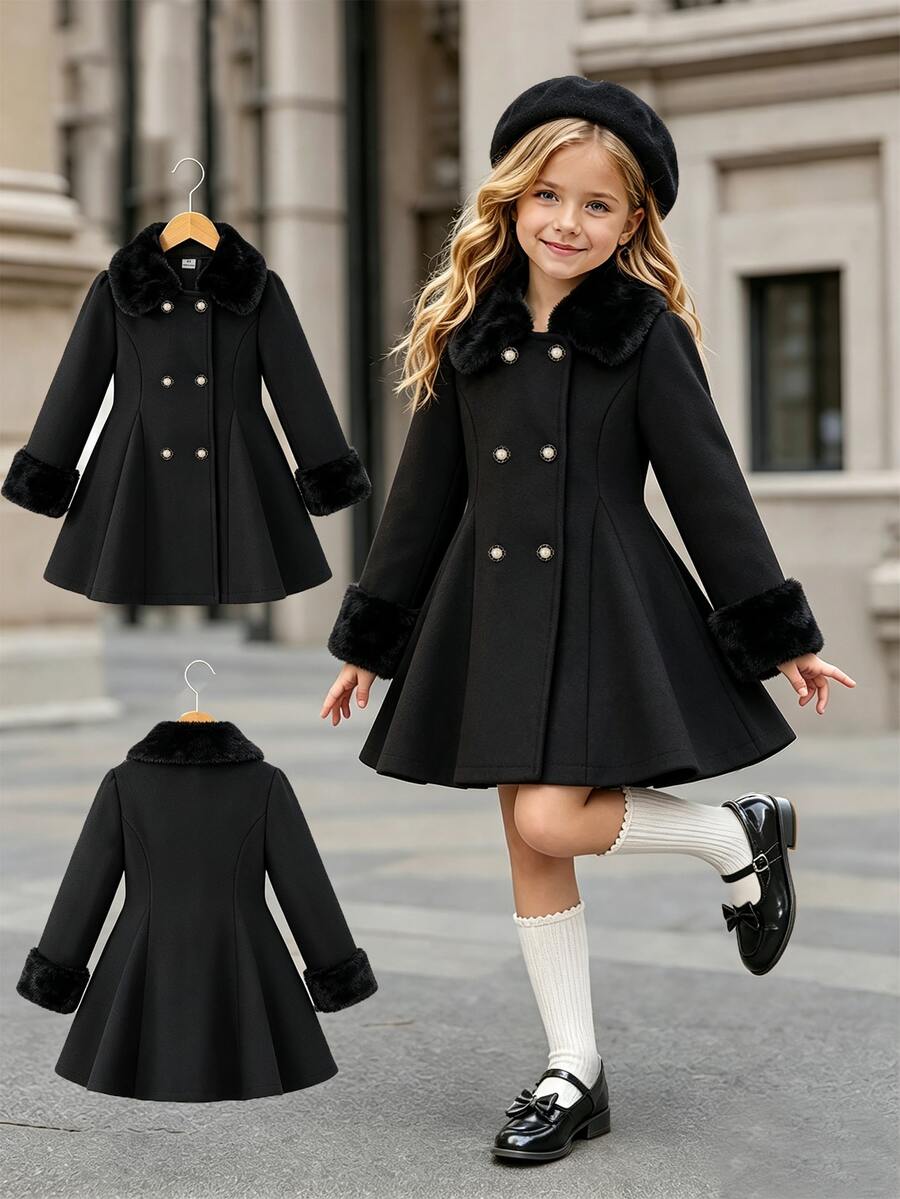 SHEIN Elladie kids 女嬰白色羊毛混紡大衣，毛絨大領口與袖口，雙排珍珠鈕扣，A字喇叭廓形，秋季派對穿著