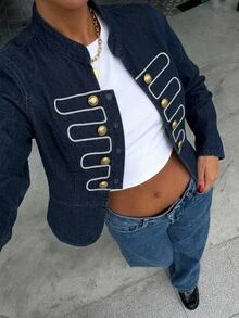 Muchica 女款修身雙排扣牛仔夾克,金色鈕扣配對比滾邊,優雅復古修身剪裁,適合夜晚外出與日常秋季穿搭上衣 - 深色水洗藍 - 查看 8