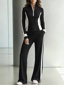 LUMIGAL Colorblock Half Zip Top & Pants Set - Black - View 5