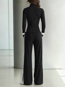 LUMIGAL Colorblock Half Zip Top & Pants Set - Black - View 2