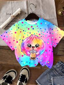Young Girl Casual Simple Cute Fun Squeeze Bun Pattern, Glitter, Rhinestone Bun, Tie-Dye, Round Neck Short Sleeve T-Shirt Suitable For Summer Kawaii,Graphic,Going Out Tops,Cute Tops,Easy Comfort - Multicolor - View 1