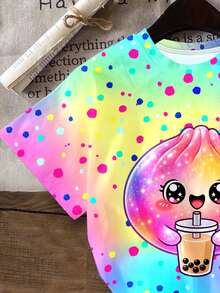 Young Girl Casual Simple Cute Fun Squeeze Bun Pattern, Glitter, Rhinestone Bun, Tie-Dye, Round Neck Short Sleeve T-Shirt Suitable For Summer Kawaii,Graphic,Going Out Tops,Cute Tops,Easy Comfort - Multicolor - View 5