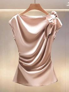 Seusyu Solid Satin Pleated Bowknot Fitted Elegant Blouse, Versatile For Daily And Formal Wear - Champagne - View 3