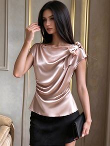 Seusyu Solid Satin Pleated Bowknot Fitted Elegant Blouse, Versatile For Daily And Formal Wear - Champagne - View 1