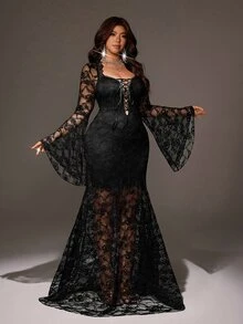 Viva Relle Plus Size Sexy Fitted Bodycon Mermaid Long Dress With Contrast Lace, Flare Sleeves And Tie Detail - Black - View 4