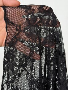 Viva Relle Plus Size Sexy Fitted Bodycon Mermaid Long Dress With Contrast Lace, Flare Sleeves And Tie Detail - Black - View 7