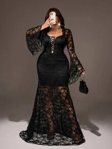 Viva Relle Plus Size Sexy Fitted Bodycon Mermaid Long Dress With Contrast Lace, Flare Sleeves And Tie Detail - Black - View 5