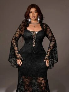 Viva Relle Plus Size Sexy Fitted Bodycon Mermaid Long Dress With Contrast Lace, Flare Sleeves And Tie Detail - Black - View 3