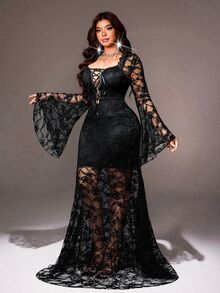 Viva Relle Plus Size Sexy Fitted Bodycon Mermaid Long Dress With Contrast Lace, Flare Sleeves And Tie Detail - Black - View 1