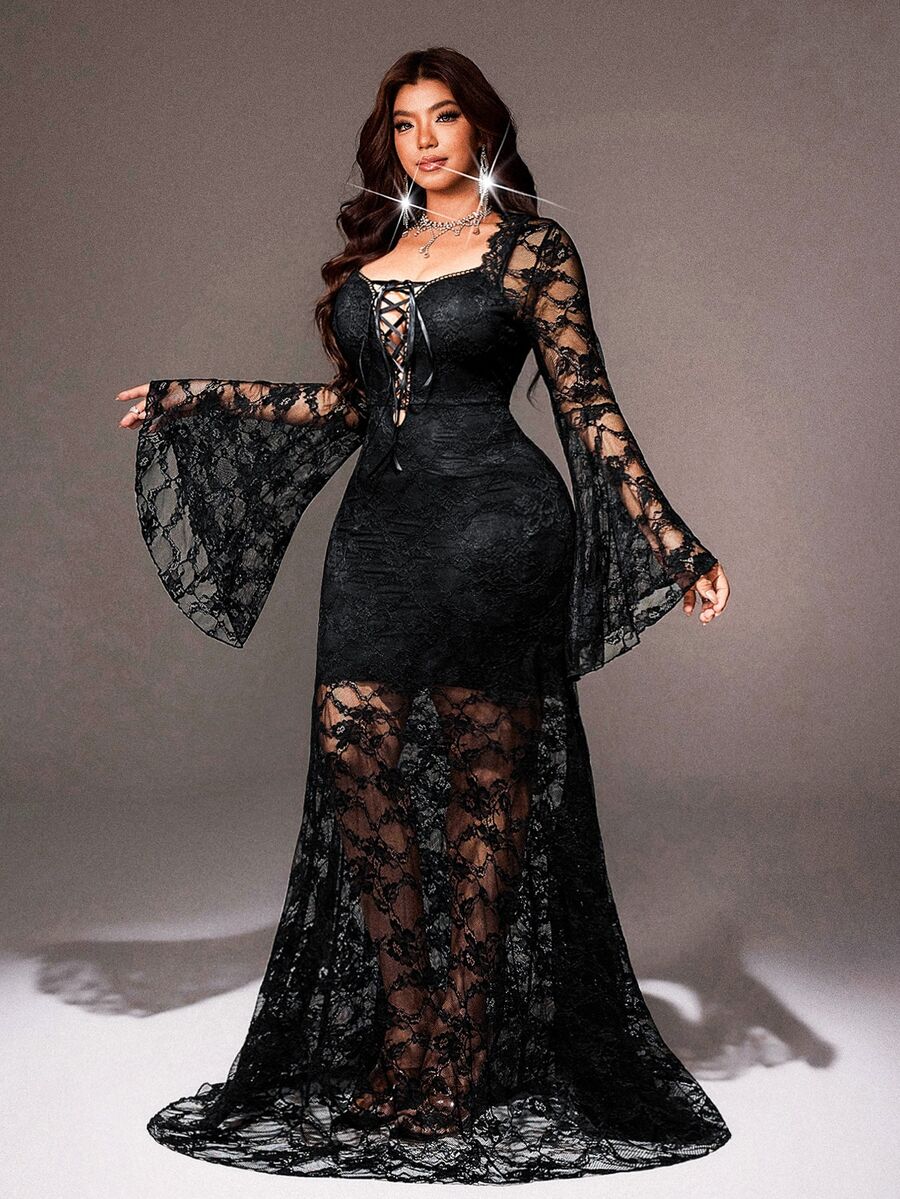 Viva Relle Plus Size Sexy Fitted Bodycon Mermaid Long Dress With Contrast Lace, Flare Sleeves And Tie Detail - Black - View 1