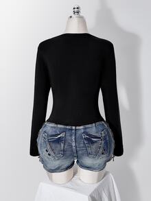 SHEIN ICON Plus Size Y2K Lace Patchwork V-Neck Long Sleeve Inner Top Fall - Black - View 9