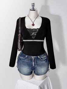 SHEIN ICON Plus Size Y2K Lace Patchwork V-Neck Long Sleeve Inner Top Fall - Black - View 2