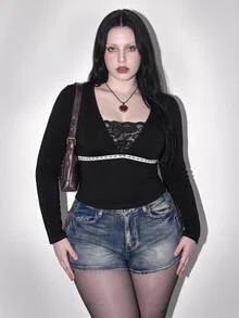 SHEIN ICON Plus Size Y2K Lace Patchwork V-Neck Long Sleeve Inner Top Fall - Black - View 1