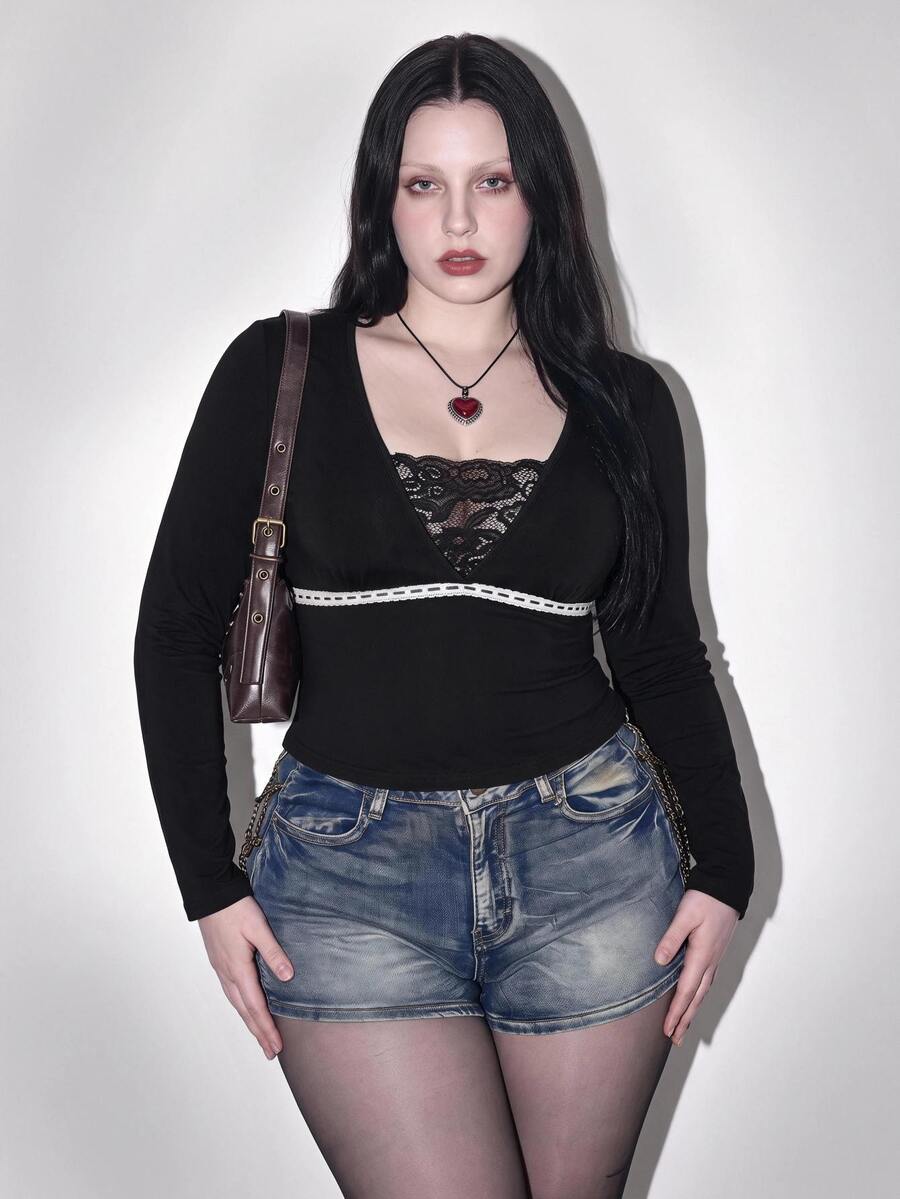 SHEIN ICON Plus Size Y2K Lace Patchwork V-Neck Long Sleeve Inner Top Fall - Black - View 1