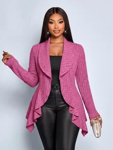 SOLERSUN Women's Plus Size Elegant Autumn/Winter Brushed Ribbed Stripe Ruffle Hem Cardigan Jacket, Large Lapel Asymmetrical Waist-Cinching Top, Cream Office - Hot Pink - View 4