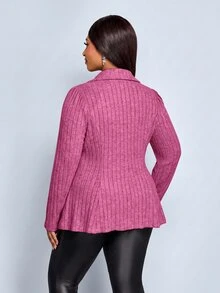 SOLERSUN Women's Plus Size Elegant Autumn/Winter Brushed Ribbed Stripe Ruffle Hem Cardigan Jacket, Large Lapel Asymmetrical Waist-Cinching Top, Cream Office - Hot Pink - View 6