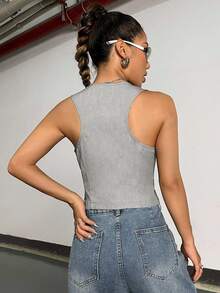 Flirla Women's Summer Solid V-Neck Single-Breasted Casual Vest - Light Grey - View 2
