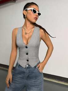 Flirla Women's Summer Solid V-Neck Single-Breasted Casual Vest - Light Grey - View 6