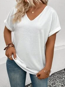 INAWLY Plus Size Women's V-Neck Bat Short-Sleeved T-Shirt - White - View 4