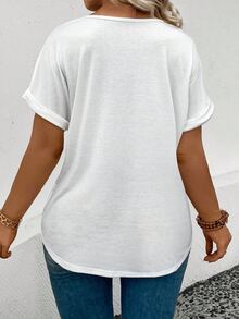 INAWLY Plus Size Women's V-Neck Bat Short-Sleeved T-Shirt - White - View 2
