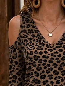 LanaWest CURVE Plus Size Leopard Print Design V-Neck Cold Shoulder Long-Sleeve T-Shirt - Multicolor - View 3