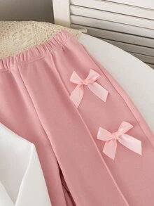 SHEIN 青少年女孩 2 件套抓絨套裝，時尚白色圓領長袖上衣搭配粉色寬腿褲，飾有精緻蝴蝶結裝飾，柔軟抓絨 - 粉色 - 查看 4