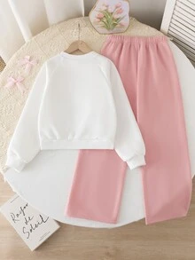 SHEIN 青少年女孩 2 件套抓絨套裝，時尚白色圓領長袖上衣搭配粉色寬腿褲，飾有精緻蝴蝶結裝飾，柔軟抓絨 - 粉色 - 查看 2