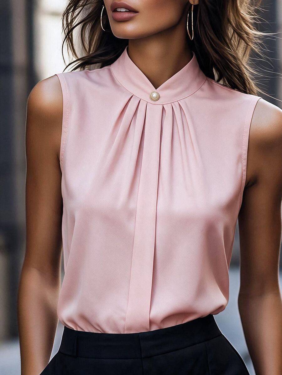 Rosivaux Women's Casual Elegant Solid Color Pleated Pearl Decor Button, Suitable For Daily Commute Wear, Business Style Shirt - Pink - View 1
