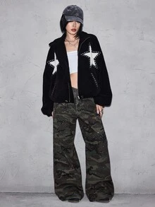 ROMWE Y2K Hot Girl Camo Party Music Festival Outfit Gradient Rhinestone Distressed Sexy Low Waist Loose Wide Leg Denim Jeans For Women - Multicolor - View 3