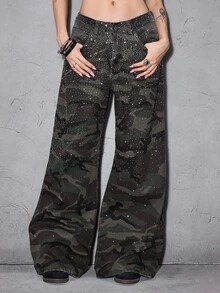ROMWE Y2K Hot Girl Camo Party Music Festival Outfit Gradient Rhinestone Distressed Sexy Low Waist Loose Wide Leg Denim Jeans For Women - Multicolor - View 1