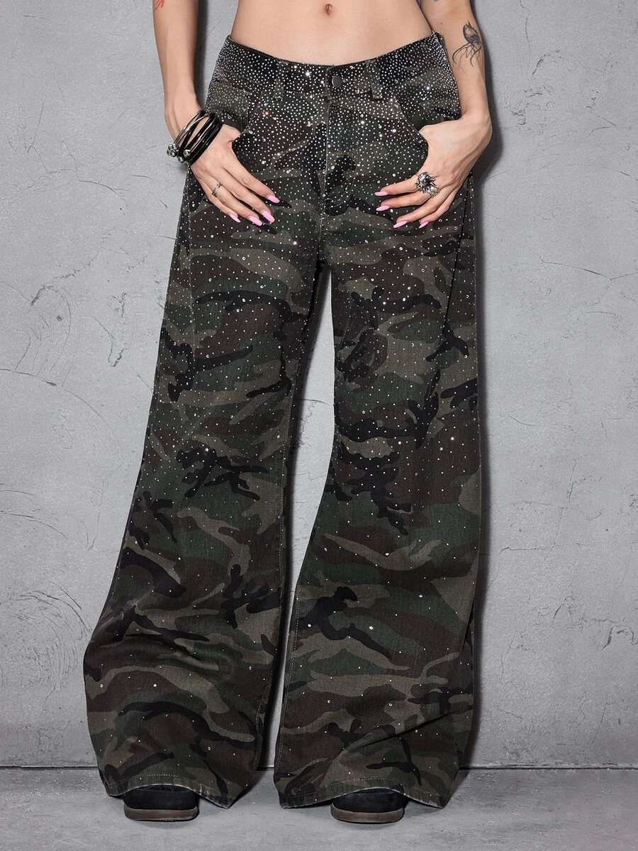 ROMWE Y2K Hot Girl Camo Party Music Festival Outfit Gradient Rhinestone Distressed Sexy Low Waist Loose Wide Leg Denim Jeans For Women - Multicolor - View 1