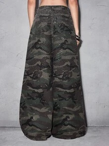 ROMWE Y2K Hot Girl Camo Party Music Festival Outfit Gradient Rhinestone Distressed Sexy Low Waist Loose Wide Leg Denim Jeans For Women - Multicolor - View 5