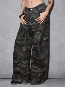 ROMWE Y2K Hot Girl Camo Party Music Festival Outfit Gradient Rhinestone Distressed Sexy Low Waist Loose Wide Leg Denim Jeans For Women - Multicolor - View 4