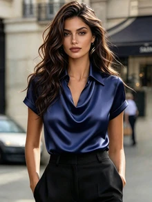 SHEIN 女款優雅純色緞面垂領抓褶短袖上衣，適合辦公室、居家、日常穿著 - 藏蓝色 - 查看 3