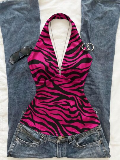 IslaSuriya Women's Ruched Tie Detail Leopard Print Halter Top, Sleeveless Pink & Black Goth Style Slim Fit Halter Top