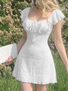 Skyraze Women's Solid Color Front Tie Ruffle Sleeve Fashionable Mini Dress - White - View 2