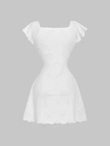Skyraze Women's Solid Color Front Tie Ruffle Sleeve Fashionable Mini Dress - White - View 5