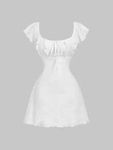 Skyraze Women's Solid Color Front Tie Ruffle Sleeve Fashionable Mini Dress - White - View 4